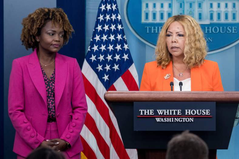 White House Press Secretary Karine Jean-Pierre listens as U.S. Representative Lucy McBath, Democrat of Georgia, speaks during the daily briefing in the Brady Press Briefing Room of the White House in Washington, D.C., on Sept. 22, 2023. (Photo by SAUL LOEB/AFP via Getty Images)