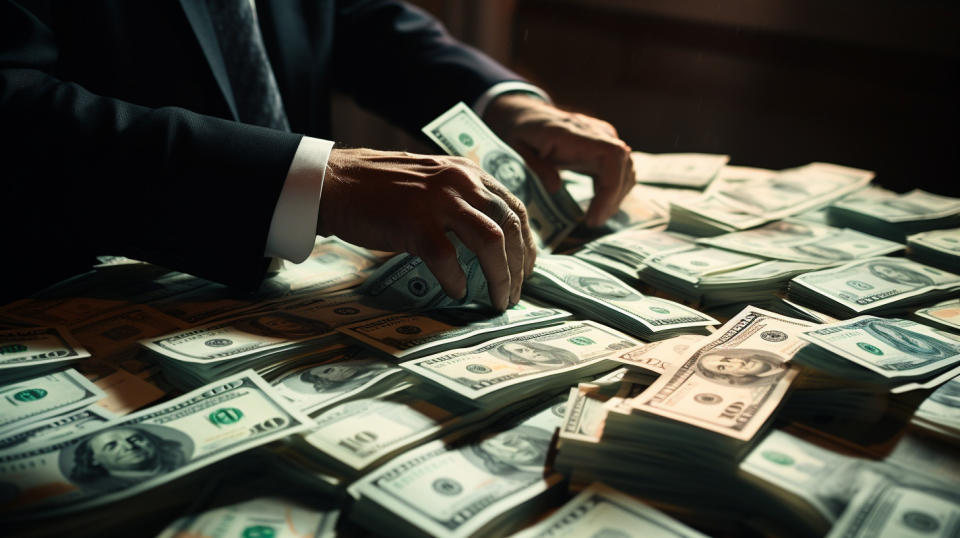 A close-up of a banker's hands counting stacks of freshly printed bank notes.