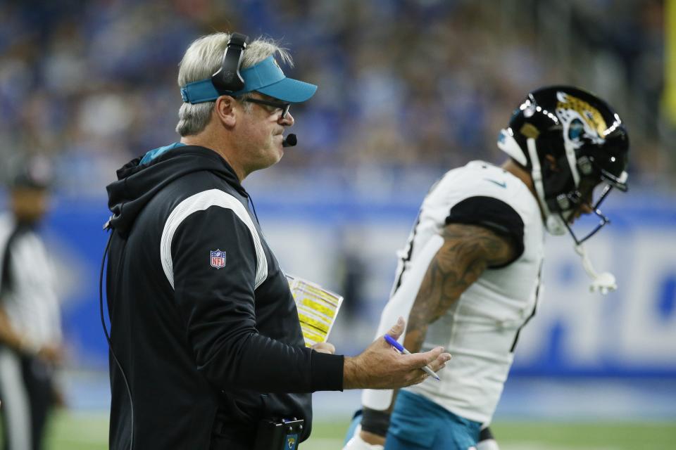 Jacksonville Jaguars head coach Doug Pederson watches from the sideline during the second half of an NFL football game against the Detroit Lions, Sunday, Dec. 4, 2022, in Detroit. (AP Photo/Duane Burleson)