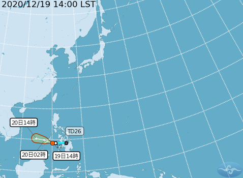 根據中央氣象局觀測，太平洋地區上的熱帶性低氣壓今天下午2時的中心位置在北緯 9.0 度，東經 120.0 度，以每小時24公里速度，向西北西進行。(圖取自氣象局)