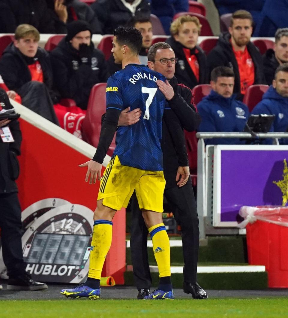 Ralf Rangnick, right, embraces Cristiano Ronaldo as he is substituted against Brentford (Mike Egerton/PA) (PA Wire)