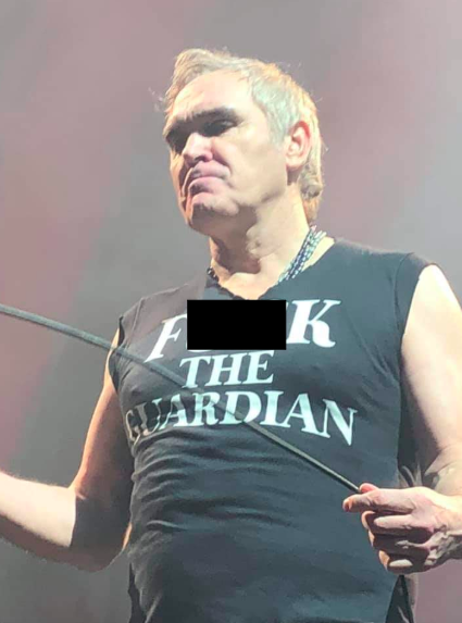 The former Smiths frontman makes clear his disdain for The Guardian newspaper during a performance at the Hollywood Bowl in Los Angeles, 26 October 2019.