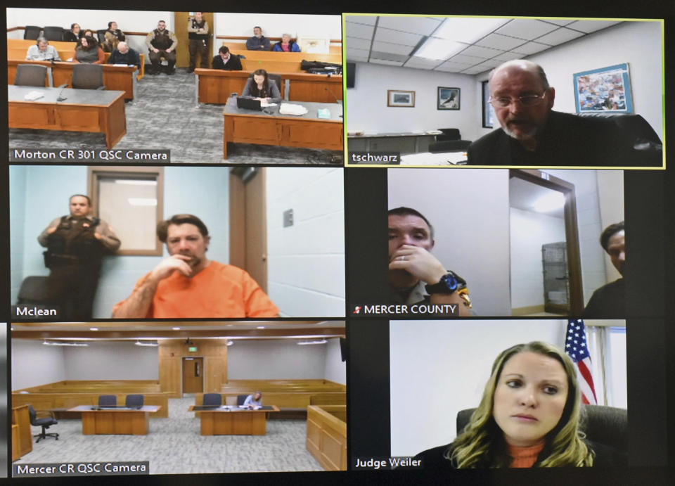 In this frame grab from video, Ian Cramer, middle left, makes his initial court appearance via a video link from from the McLean County jail in Washburn, N.D., Friday, Dec. 8, 2023. At top right is Mercer County State's Attorney Todd Schwarz, and at bottom right is South Central District Judge Bobbi Weiler. (Tom Stromme/The Bismarck Tribune via AP)