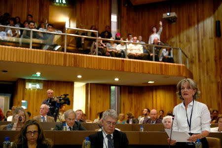 Newly elected council leader Elizabeth Campbell speaks at a Kensington and Chelsea Council meeting about Grenfell Tower at Kensington Town Hall in London, Britain July 19, 2017. REUTERS/Neil Hall