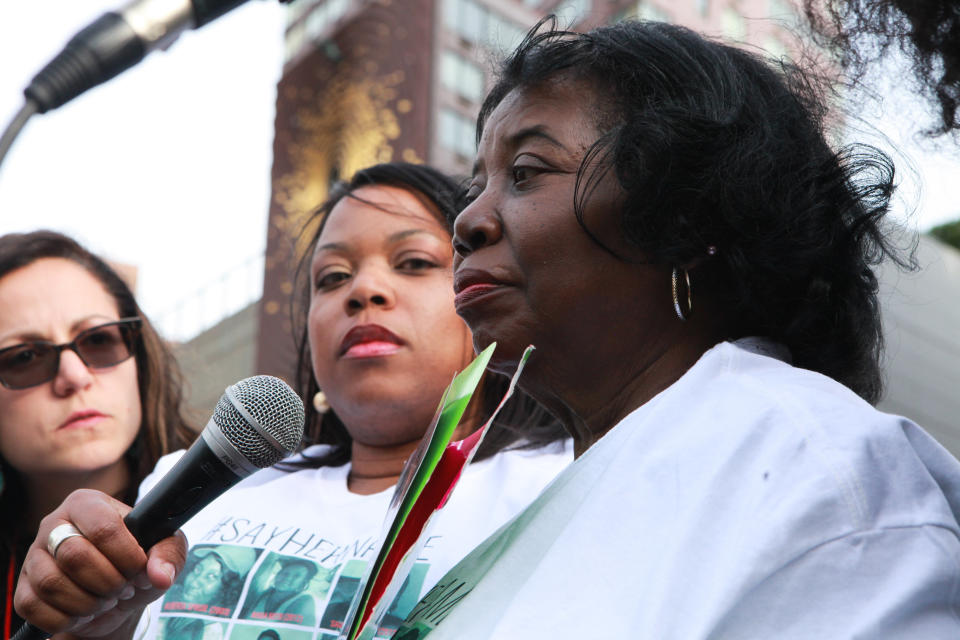 Valarie Carey (left) and her mother, Idella Carey, speaking for Miriam Carey who was lost to police violence. 