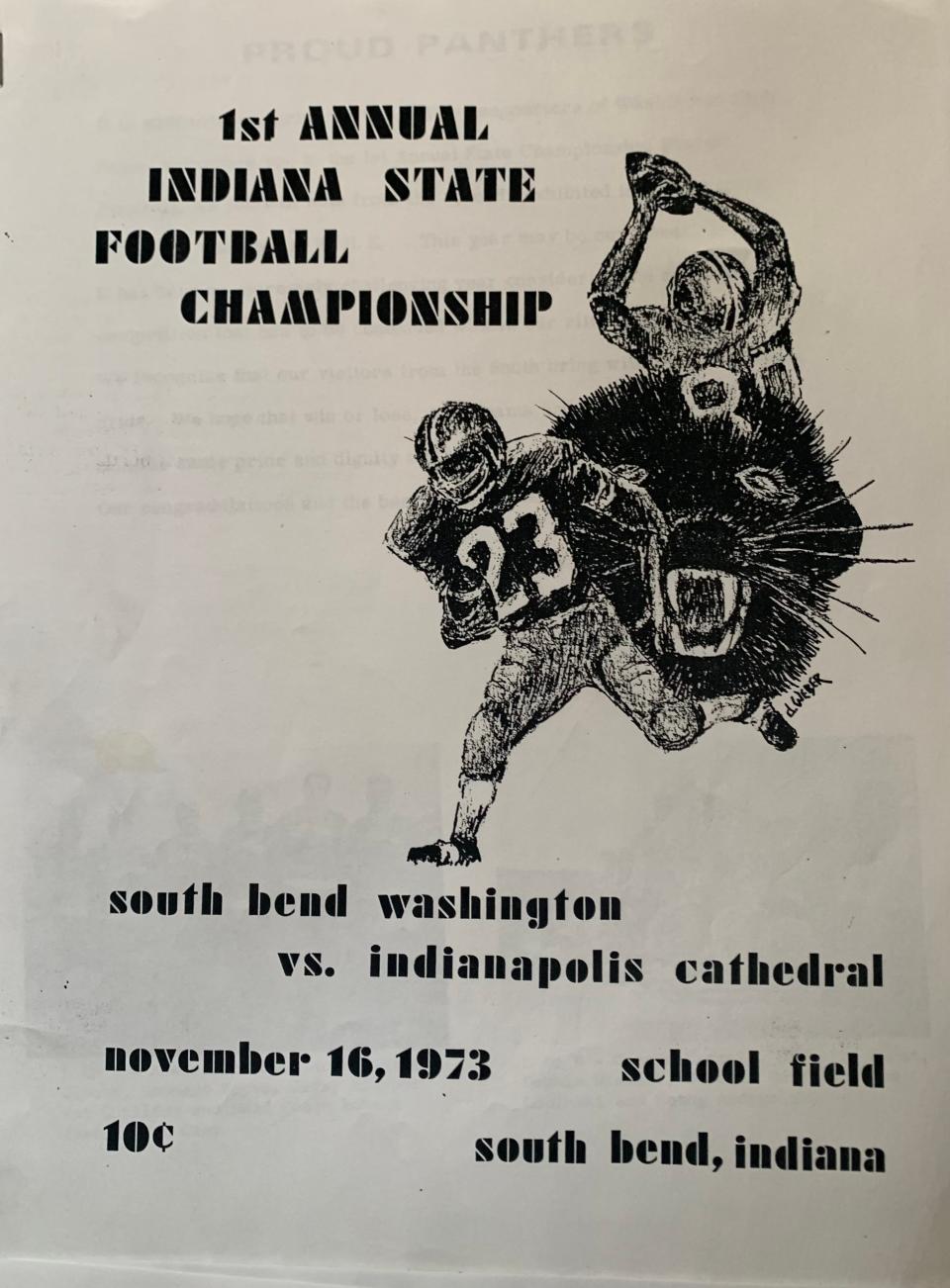 The front cover of the 1973 IHSAA Class 3A state championship program, featuring South Bend Washington and Indianapolis Cathedral.