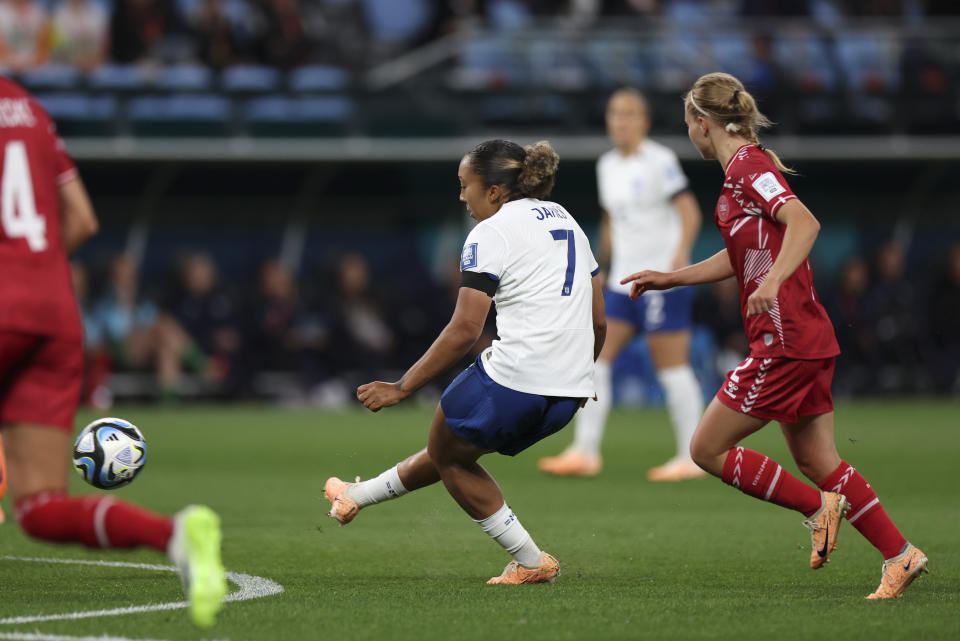 England's Lauren James scores the opening goal during the Women's World Cup Group D soccer match between England and Denmark at Sydney Football Stadium in Sydney, Australia, Friday, July 28, 2023. (AP Photo/Sophie Ralph)