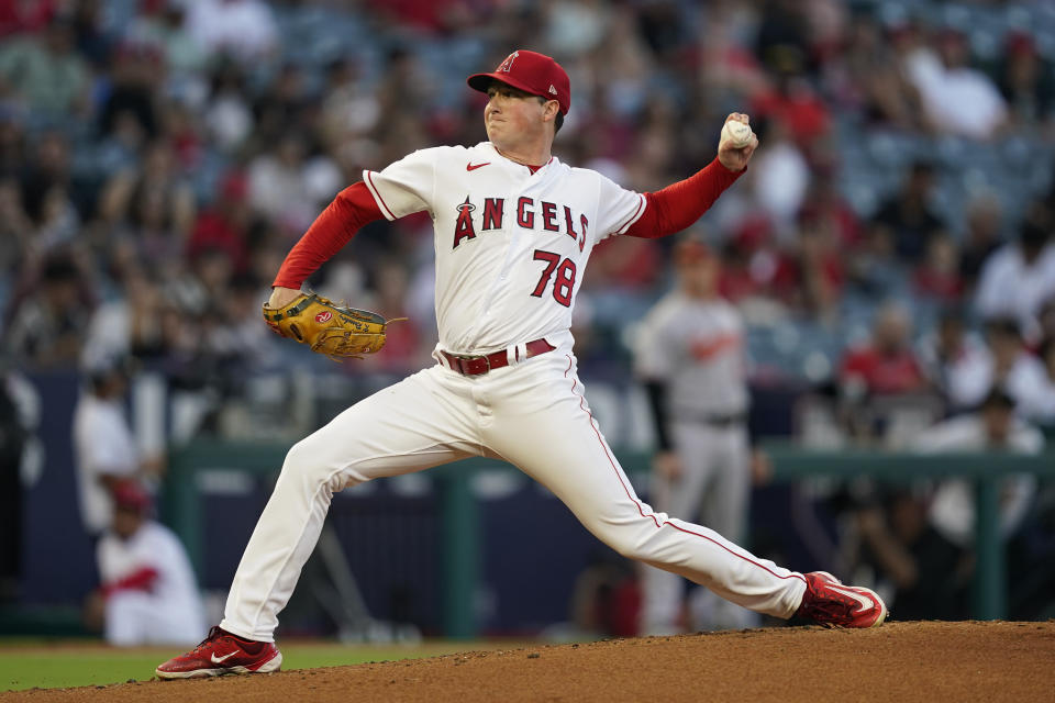 Los Angeles Angels starting pitcher Kenny Rosenberg throws during the second inning of a baseball game against the Baltimore Orioles, Monday, Sept. 4, 2023, in Anaheim, Calif. (AP Photo/Ryan Sun)