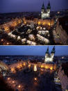 This combination image shows a file photo dated Thursday, Dec. 5, 2019, of the traditional Christmas Market at the Old Town Square in Prague, Czech Republic, top, and the square on Saturday, Nov. 28, 2020, below. Christmas markets, a cherished tradition in Germany and neighboring countries, have joined the long list of institutions canceled or diminished because of the coronavirus pandemic this year. (AP Photo/Petr David Josek, file)