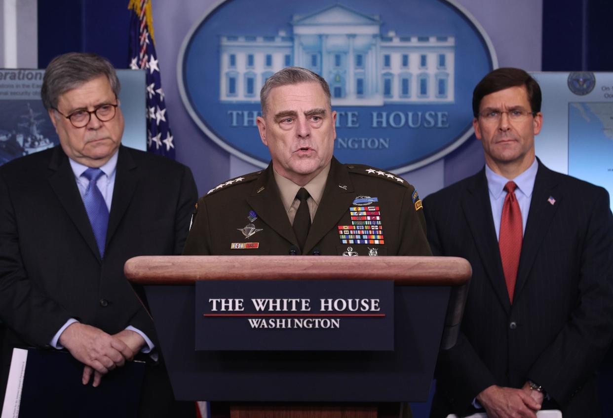 WASHINGTON, DC - APRIL 01: Chairman of the Joint Chiefs of Staff Gen. Mark Milley speaks about military operations during the daily White House coronavirus press briefing flanked by Attorney General William Barr (L) and Defense Secretary Mark Esper April 1, 2020 in Washington, DC. After announcing yesterday that COVID-19 could kill between 100,000 and 240,000 Americans, the Trump administration is also contending with the economic effects of the outbreak as the stock market continues to fall, businesses remain closed, and companies lay off and furlough employees. (Photo by Win McNamee/Getty Images)