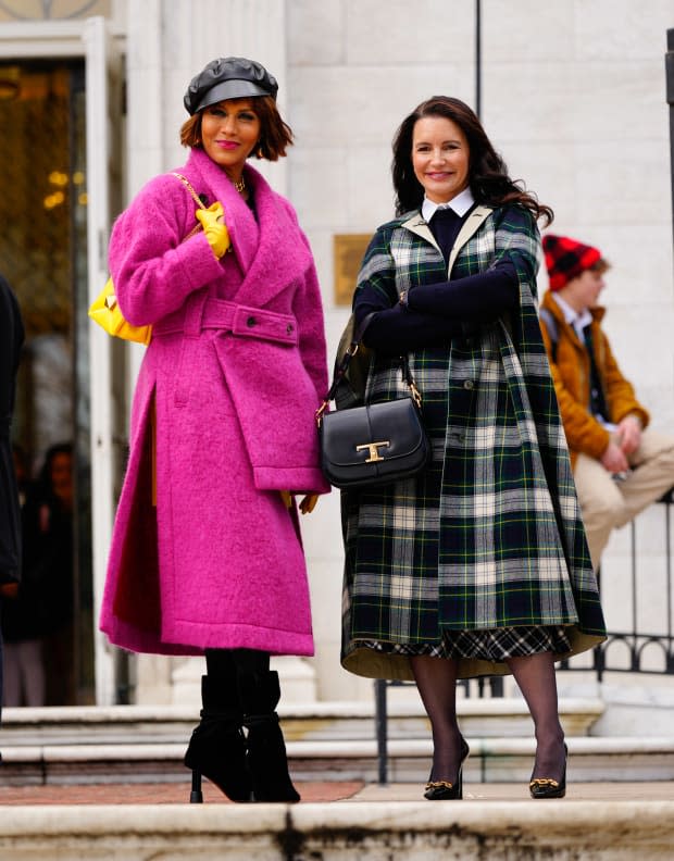 LTW in an Issey Miyake mohair coat and Charlotte in a vintage cape and Dior skirt for school pick-up.<p>Photo: Gotham/GC Images</p>