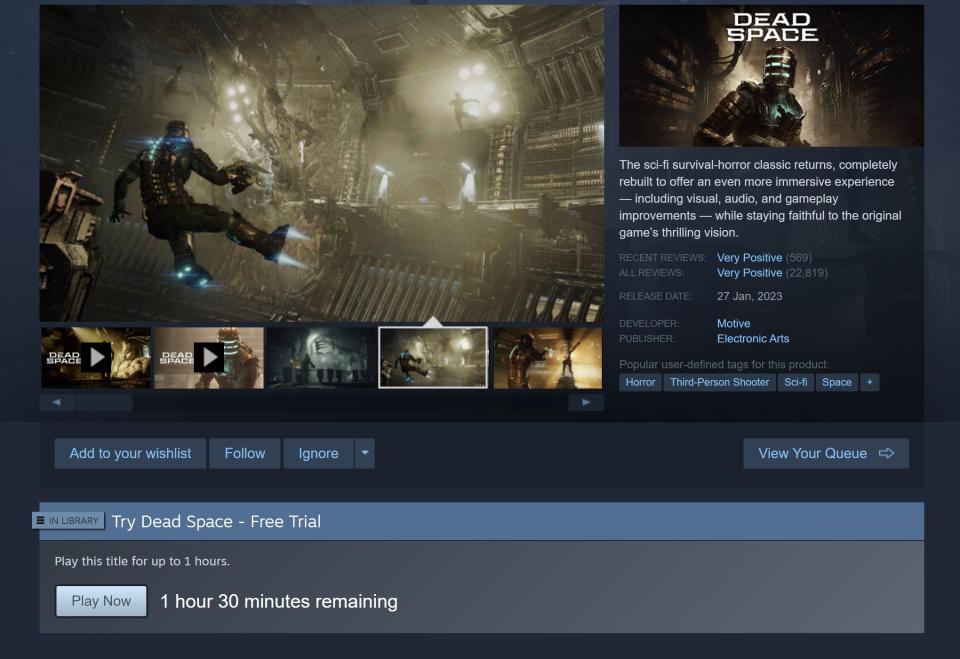 A screenshot of the trial option on Steam for Dead Space remake