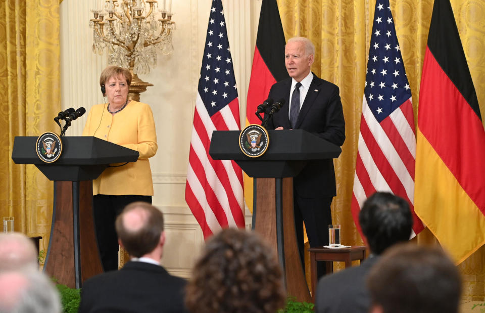 President Joe Biden and German Chancellor Angela Merkel hold a joint press conference in the East Room of the White House, July 15, 2021. / Credit: SAUL LOEB/AFP via Getty Images