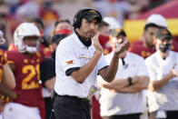 FILE - Iowa State head coach Matt Campbell reacts on the sideline during the second half of an NCAA college football game against Texas Tech in Ames, Iowa, in this Saturday, Oct. 10, 2020, file photo. Iowa State won 31-15. Big 12-leading Iowa State is on the verge of getting into its first conference championship game in any league. (AP Photo/Charlie Neibergall, File)