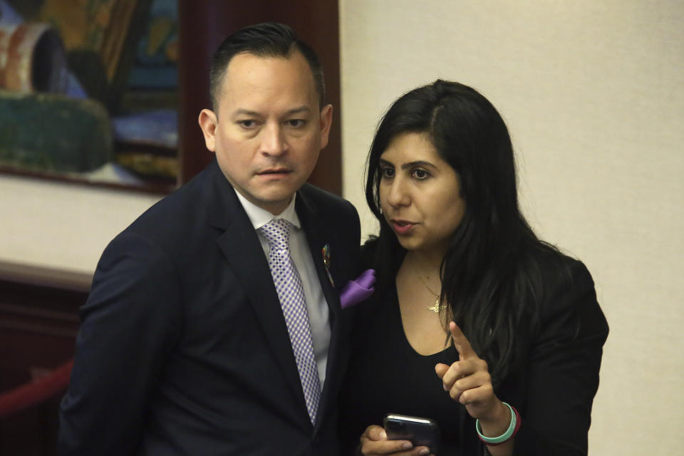 Rep. Anna Eskamani, D-Orlando, right, confers with Rep. Carlos Smith, D-Orlando, during the debate on the E-verify bill during session Wednesday March 11, 2020 in Tallahassee, Fla.  (Steve Cannon/AP Photo) 