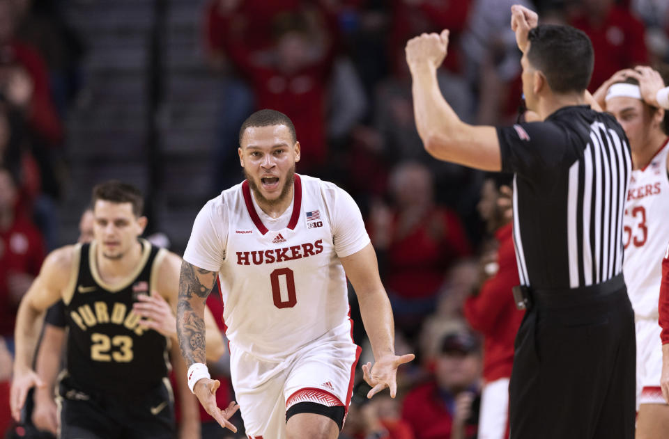 Nebraska's C.J. Wilcher (0) celebrates after hitting a 3-pointer against Purdue during the second half of an NCAA college basketball game Tuesday, Jan. 9, 2024, in Lincoln, Neb. Nebraska won 88-72. (AP Photo/Rebecca S. Gratz)