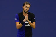 Daniil Medvedev, of Russia, reacts during a men's semifinal match against Dominic Thiem, of Austria, during the US Open tennis championships, Friday, Sept. 11, 2020, in New York. (AP Photo/Seth Wenig)