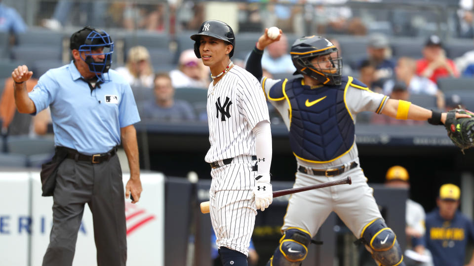 New York Yankees left fielder Oswaldo Cabrera reacts after striking out during the fourth inning of a baseball game, Sunday, Sept.10, 2023, in New York. (AP Photo/Noah K. Murray)