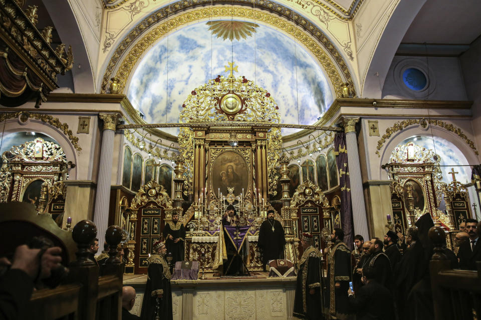 Bishop Sahak Masalyan speaks during a special ceremony after his election as the new Patriarch of Turkey's Armenian community, in Istanbul, Wednesday, Dec. 11, 2019. Armenian community voted on Wednesday Masalyan as its new patriarch, in an election critics say was overshadowed by Turkish government intervention. (AP Photo/Emrah Gurel)