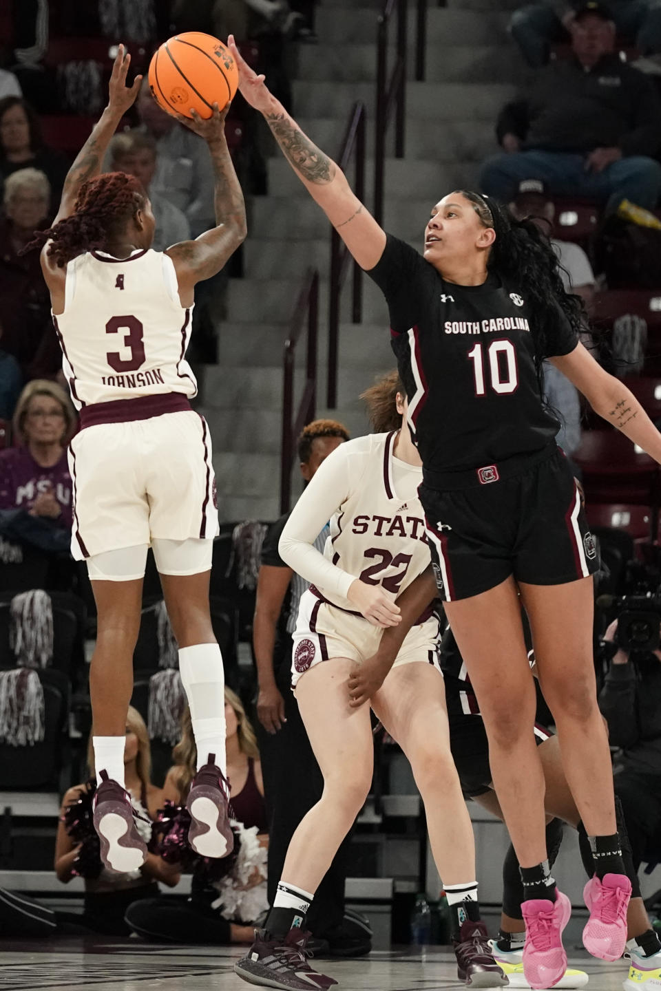 South Carolina center Kamilla Cardoso (10) blocks a shot-attempt by Mississippi State guard Asianae Johnson (3) during the first half of an NCAA college basketball game in Starkville, Miss., Sunday, Jan. 8, 2023. (AP Photo/Rogelio V. Solis)