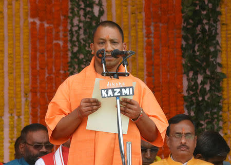 India’s ruling Bharatiya Janata Party (BJP) leader Yogi Adityanath takes the oath as the new Chief Minister of India’s most populous state of Uttar Pradesh during a swearing-in ceremony in Lucknow, India, March 19, 2017. REUTERS/Pawan Kumar