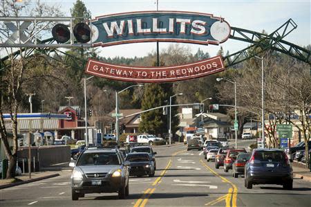 A sign across Highway 101 welcomes drivers to Willits, California February 25, 2014. REUTERS/Noah Berger