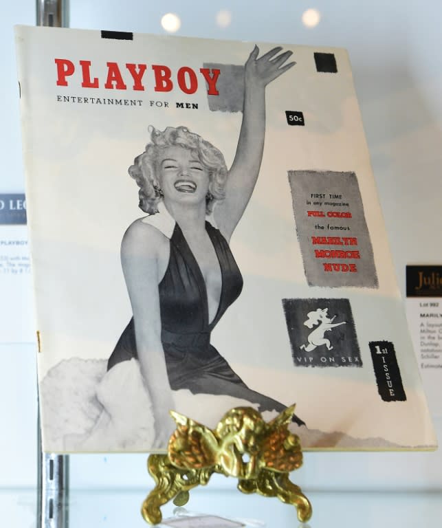 The first issue of Playboy magazine featuring Marilyn Monroe on the cover and signed by Hugh Hefner on display at Julien's Auction House in Beverly Hills, California on June 22, 2015