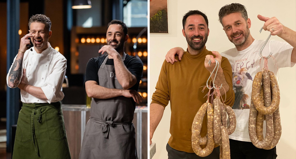 MasterChef’s Jock Zonfrillo and Andy Allen / Andy and Jock holding sausages.