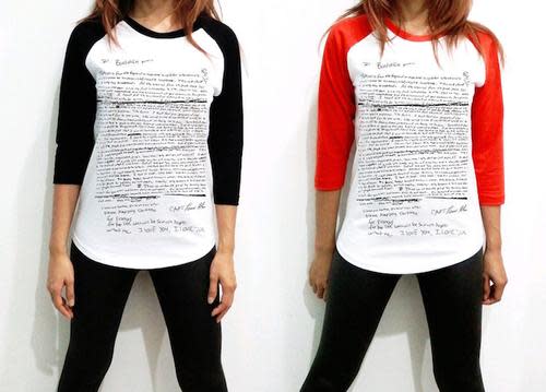 Etsy shirts with Kurt Cobains suicide note screen printed on