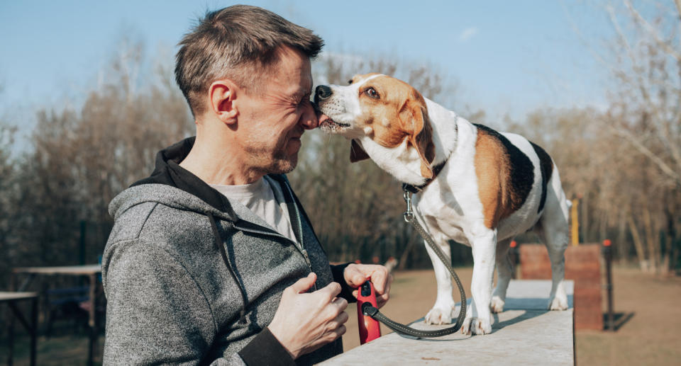 Photo shows man being licked on the face by a dog.