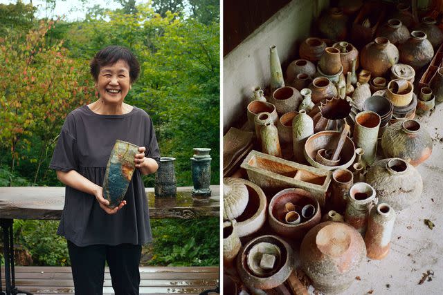 <p>Max Houtzager</p> From left: Ceramacist Shion Tabata outside her studio; ceramics inside the studio.