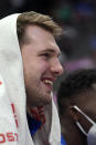 Dallas Mavericks' Luka Doncic the second half of the team's preseason NBA basketball game against the Los Angeles Clippers in Dallas, Friday, Oct. 8, 2021. (AP Photo/Tony Gutierrez)