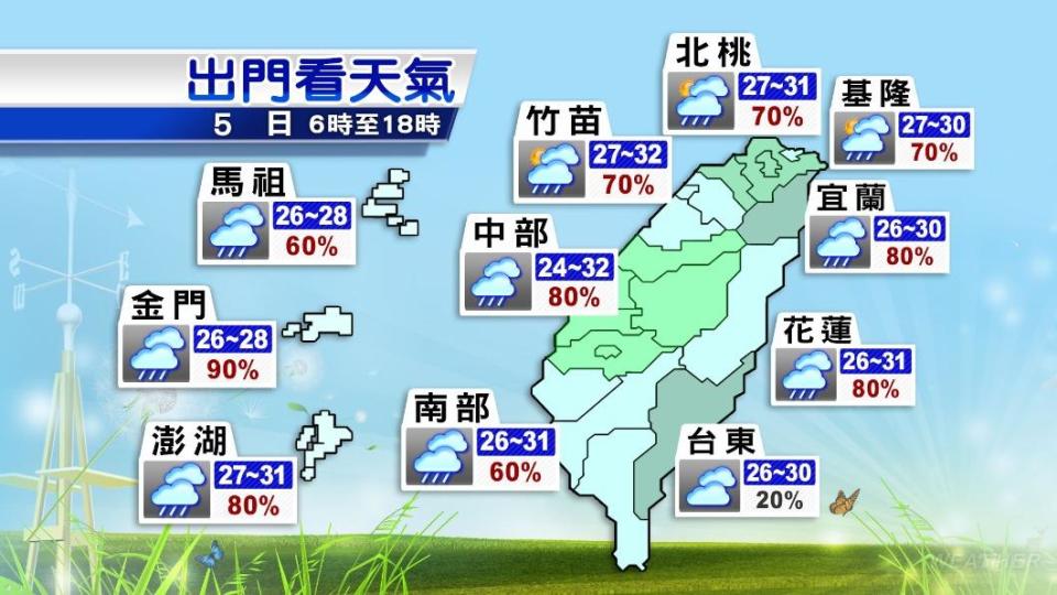 今（5）日全台各地降雨機率。（圖／TVBS）