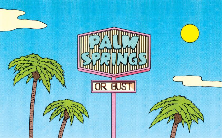 Illustration of palm trees, clouds, a sun and a vintage hotel sign that says "Palm Springs or bust"
