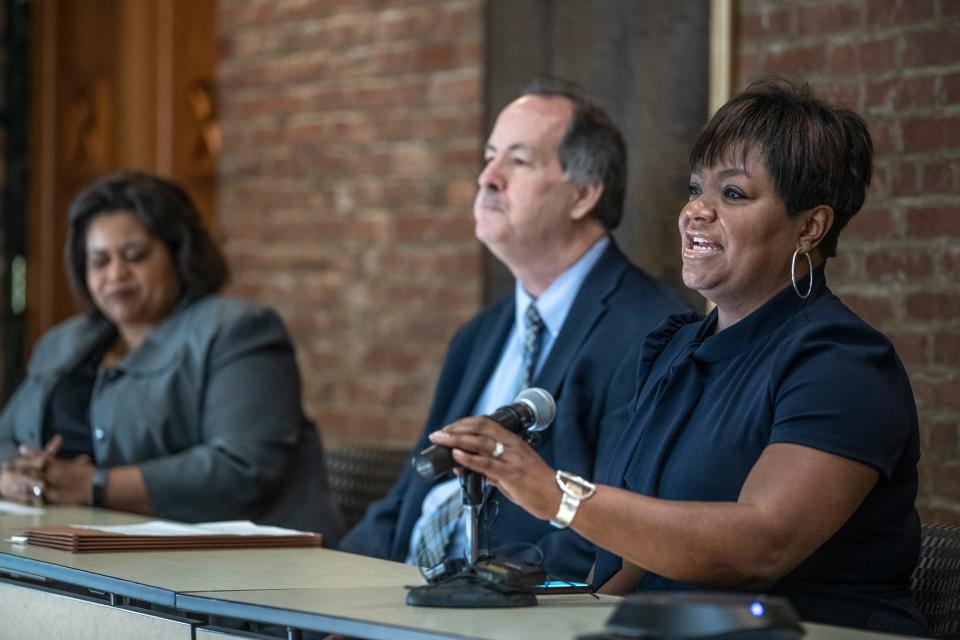 President and CEO of the Urban League Sadiqa Reynolds, made a point during a bail reform panel discussion was at the Louisville Bar Association. Other panelists include Chief Public Defender Leo G. Smith, center, and Judge Josephine Buckner. March 23, 2022