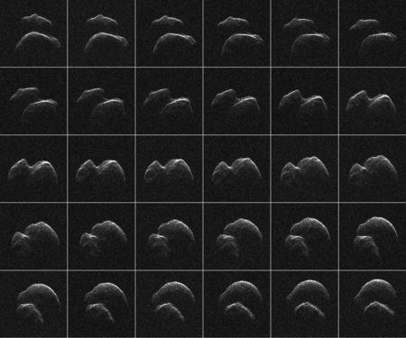 Thirty images of asteroid 2014 JO25 which was generated with radar data collected using NASA's Goldstone Solar System Radar in California's Mojave Desert, in a composite image released April 18, 2017. Asteroid 2014 J025, discovered in May 2014, will be the largest asteroid to come this near to planet Earth since 2004, flying by at only about 4.6 times the distance from the Earth to the Moon, 1.1 million miles (1.8 million km). NASA/JPL-Caltech/GSSR via REUTERS