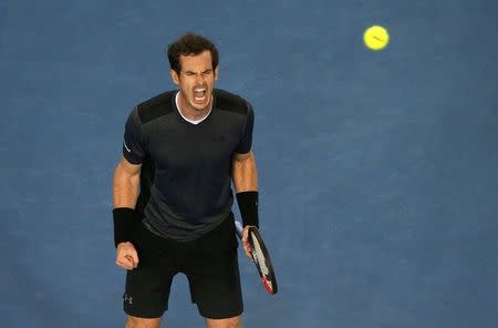 Britain's Andy Murray reacts during his third round match against Portugal's Joao Sousa at the Australian Open tennis tournament at Melbourne Park, Australia, January 23, 2016. REUTERS/Tyrone Siu