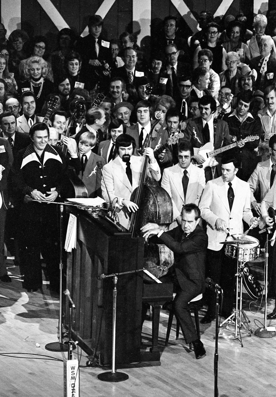 After playing "Happy Birthday" for his wife, First Lady Pat Nixon, President Richard Nixon then plays "My Wild Irish Rose" for her during the dedication ceremony of the new Grand Ole Opry House March 16, 1974. President Nixon explains the she had an Irish father and was born on St. Patrick's Day.