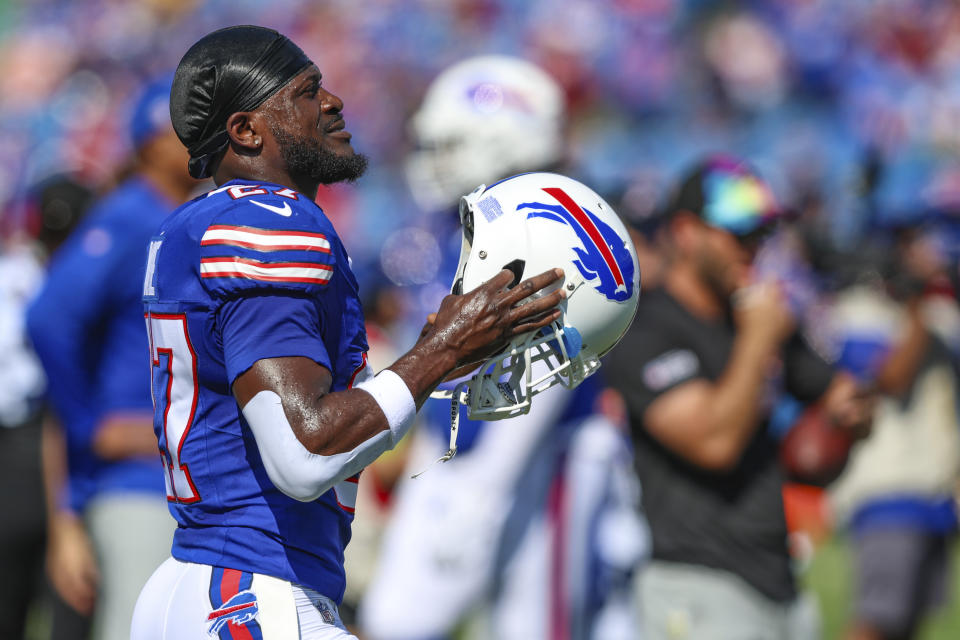 FILE - Buffalo Bills cornerback Tre'Davious White (27) warms up before an NFL football game against the Miami Dolphins, Oct. 1, 2023, in Orchard Park, N.Y. White is being cut from the Buffalo Bills, a person with direct knowledge of the decision told The Associated Press. (AP Photo/Gary McCullough, File)