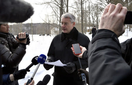 Director General Kimmo Lahdevirta from the Ministry for Foreign Affairs of Finland reads out a press statement concerning the meeting on Northeast Asian issues at the Konigstedt Manor, in Vantaa, Finland March 21, 2018. Lehtikuva/Markku Ulander via REUTERS