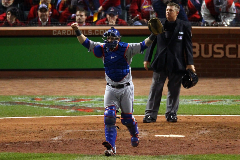 ST LOUIS, MO - OCTOBER 20: Mike Napoli #25 of the Texas Rangers celebrates after defeating the St. Louis Cardinals 2-1 during Game Two of the MLB World Series at Busch Stadium on October 20, 2011 in St Louis, Missouri. (Photo by Dilip Vishwanat/Getty Images)