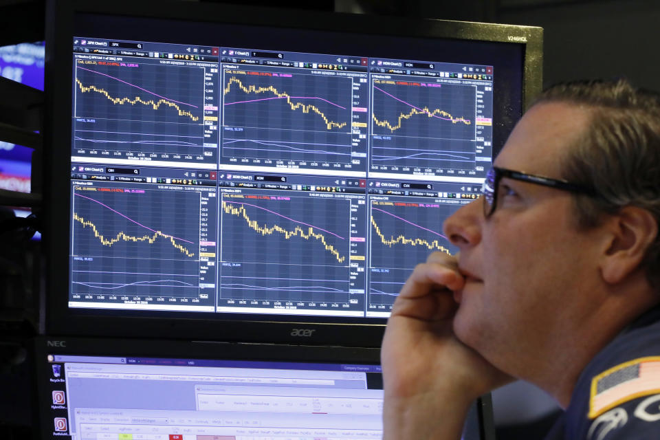 FILE- In this Oct. 10, 2018, file photo specialist Gregg Maloney works at his post on the floor of the New York Stock Exchange. So far this month, high-growth stocks in the Russell 3000 index have plummeted 11.3 percent, versus 7.5 percent for their lower-priced counterparts known as “value” stocks, as of Wednesday. It’s the biggest such monthly gap in performance in a decade. (AP Photo/Richard Drew, File)