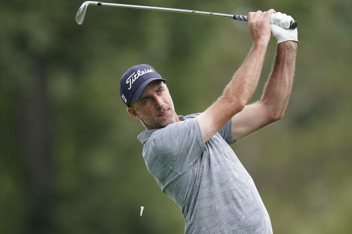 Geoff Ogilvy drives from the 9th tee during the first round of the Rocket Mortgage Classic golf tournament, Thursday, July 28, 2022, in Detroit. (AP Photo/Carlos Osorio)
