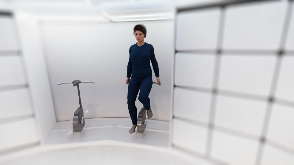 A crew member exercising inside Airbus' Loop space habitat.