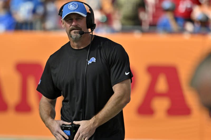 Head coach Dan Campbell led the Detroit Lions to their first playoff win in 32 years in 2024. File Photo by Steve Nesius/UPI