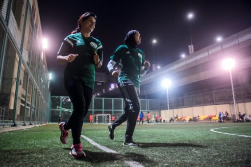 Egyptian referees Hanan Hassan (R) and Mona Atalla have officiated at lower-level football matches for years but now women referees have their sights set on the premier league