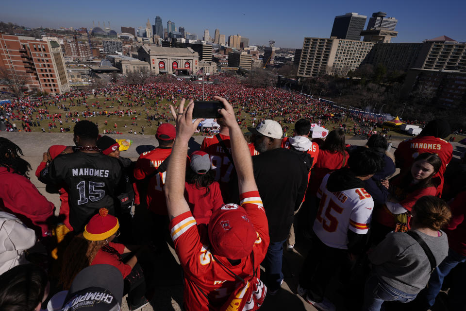 The Kansas City Chiefs celebrate during their victory parade in Kansas City, Mo., Wednesday, Feb. 14, 2024. The Chiefs defeated the San Francisco 49ers Sunday in the NFL Super Bowl 58 football game. (AP Photo/Charlie Riedel)