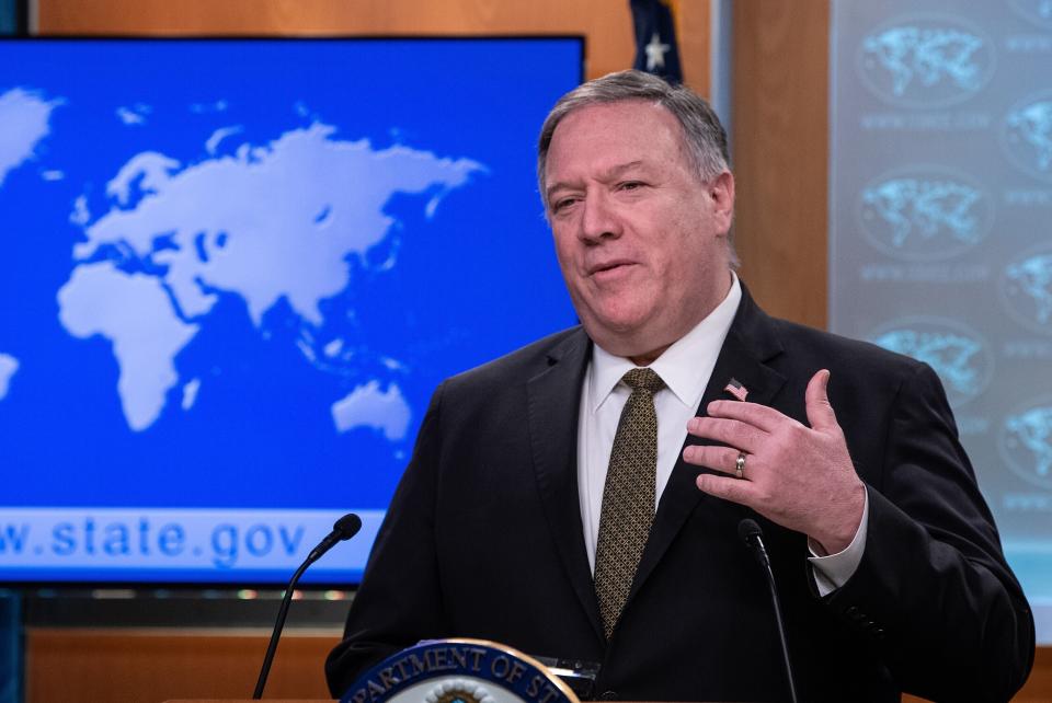 FILE - In this April 22, 2020, file photo, Secretary of State Mike Pompeo speaks during a press briefing at the State Department, in Washington. Pompeo has told his Southeast Asian counterparts that China is taking advantage of the world’s preoccupation with the coronavirus pandemic to push its territorial ambitions in the South China Sea.(Nicholas Kamm/Pool Photo via AP, File)