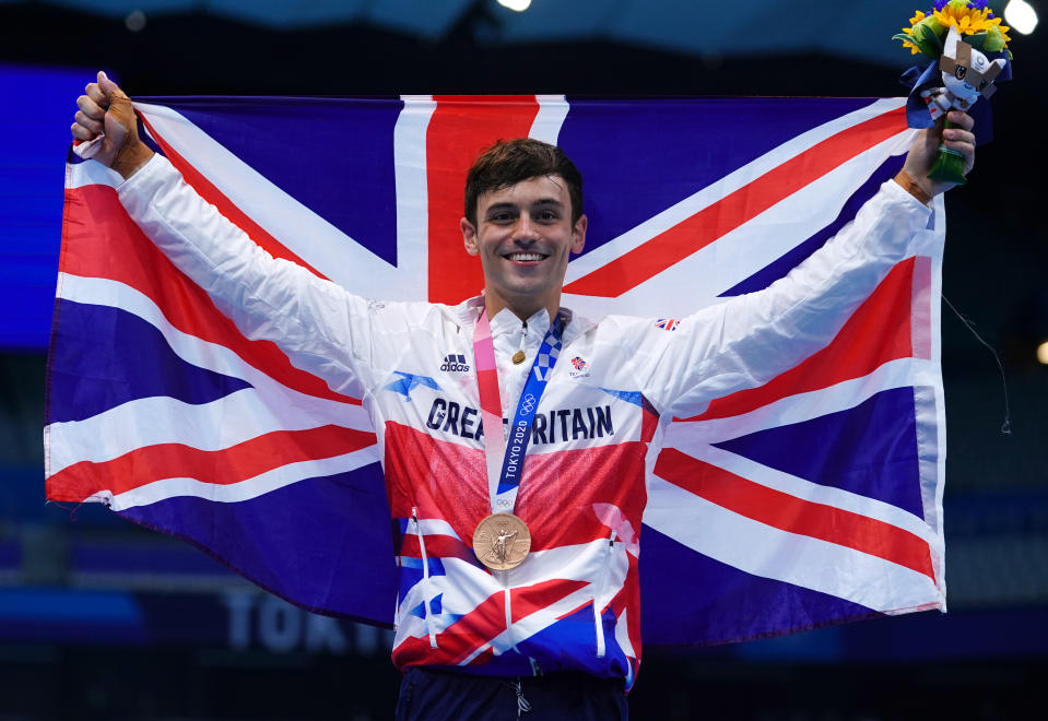 Tom Daley of Great Britain with a bronze medal following the Men's 10m Platform Final at the Tokyo Aquatics Centre on the fifteenth day of the Tokyo 2020 Olympic Games in Japan. Picture date: Saturday August 7, 2021. (Photo by Adam Davy/PA Images via Getty Images)