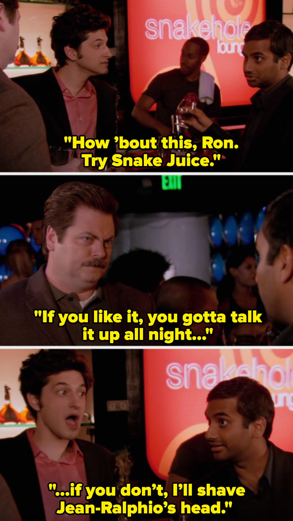 Man tells another to try Snake Juice, and he likes it, he's gotta talk it up all night